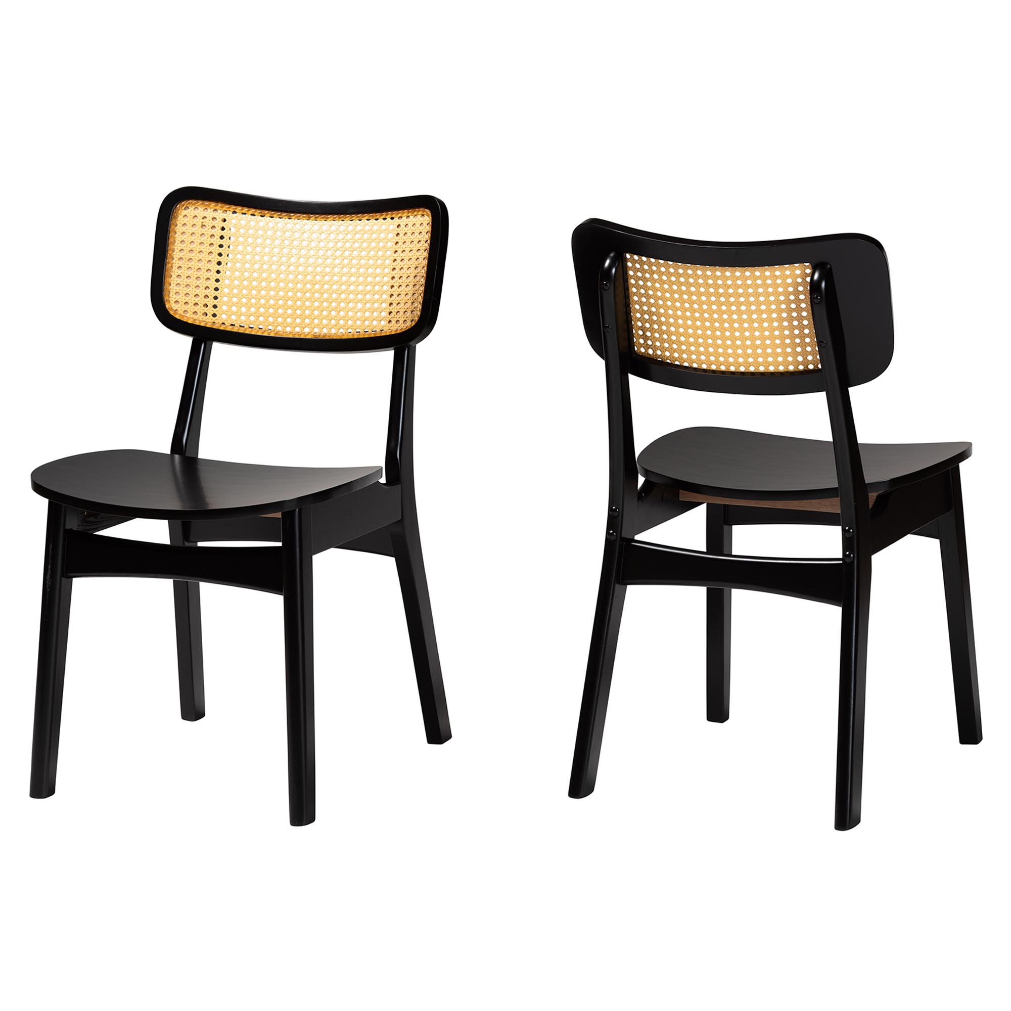 Baxton Studio Tafari Mid-Century Modern Dark Brown Finished Wood and Rattan 2-Piece Dining Chair Set